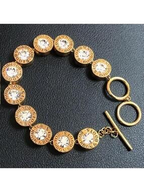 B1568 Bourbon & Boots Shotgun Shell Crystal Toggle Bracelet GoldTone westrn 7-8"
